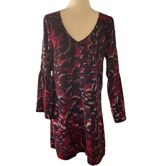 Saks Fifth Avenue Bell Flare Sleeve Plum Floral Flowy Tunic Shift Dress - S - Picture 13 of 13